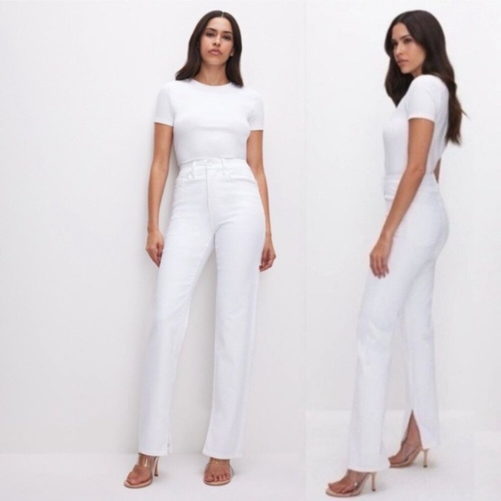 Good American Good Boy Straight Split Leg White Stretch Like New Zara Mango 6